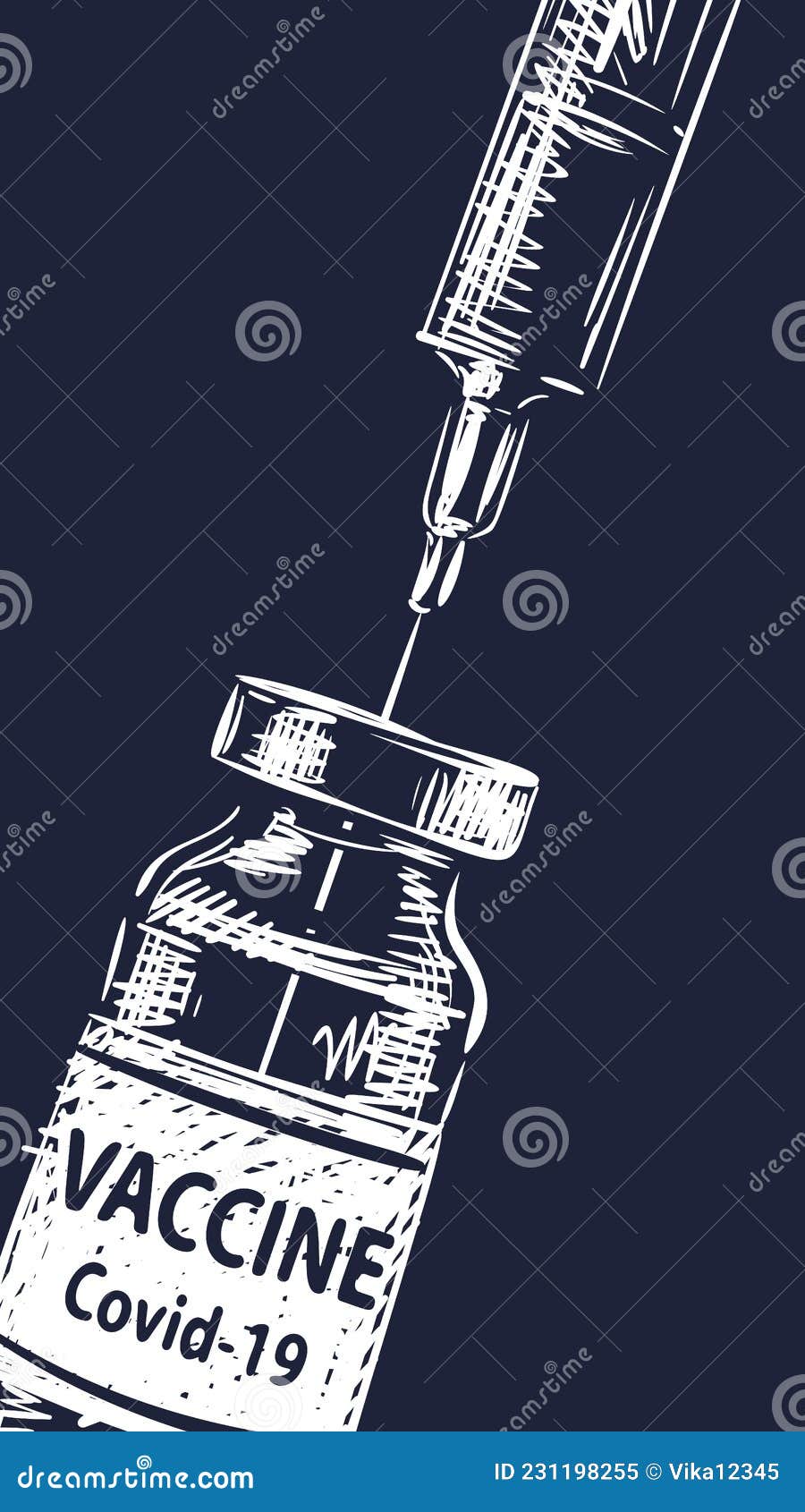 Impfstoff Covid19 Spritze Und Flasche Medizin Flasche Vektor Zeichnen  Senkrechte Weiße Zeichnung Auf Dunkelblauem Hintergrund Vektor Abbildung -  Illustration von zeichnung, ausrüstung: 231198255