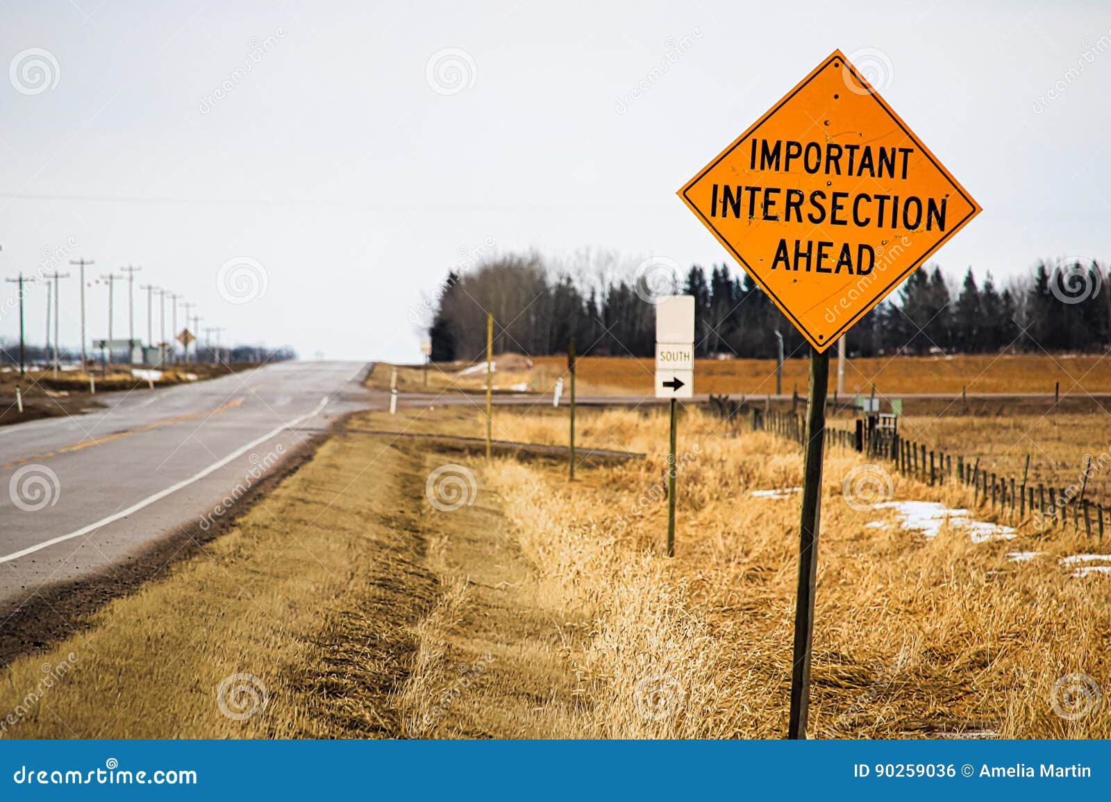 important intersection ahead sign