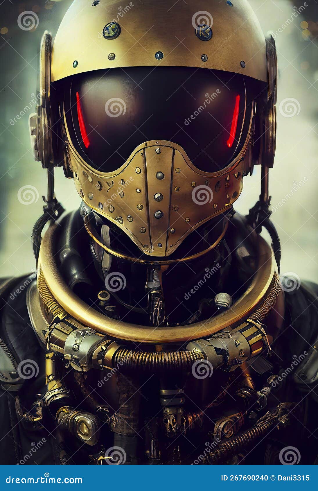 An Imposing Cyborg, Outfitted in a Striking Gold Helmet with Deep Red Front  Glass, Stands Ready for Battle with an Array of High- Stock Illustration -  Illustration of ready, machinery: 267690240