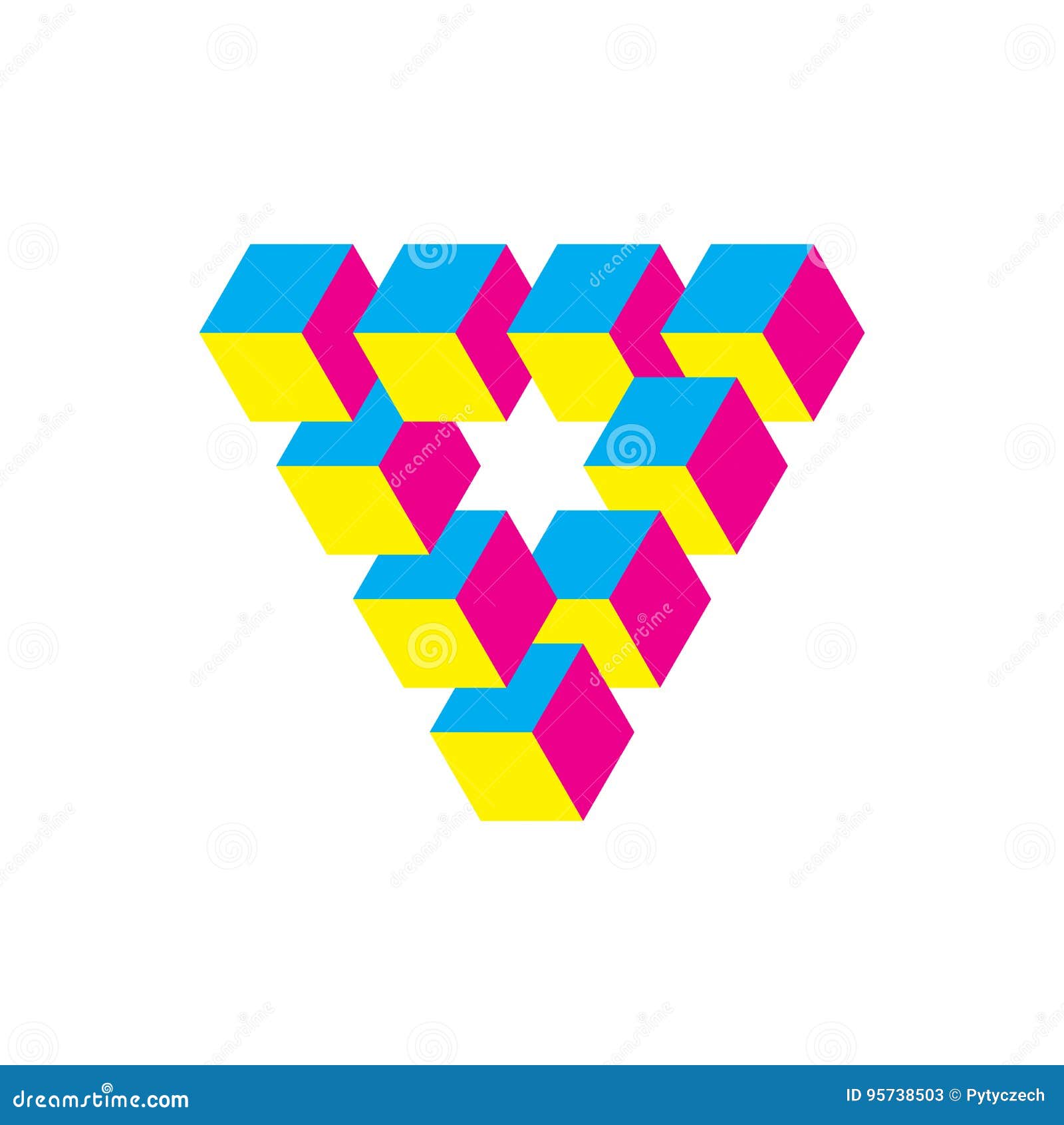 impossible triangle in cmy colors. cubes arranged as geometric optical illusion. reutersvard traingle. 