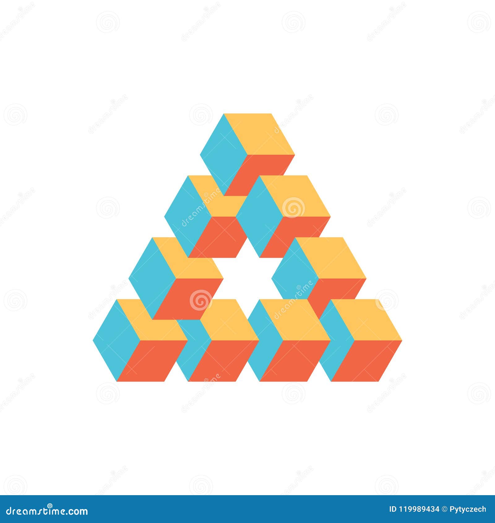 impossible triangle in three different colors. cubes arranged as geometric optical illusion. reutersvard traingle