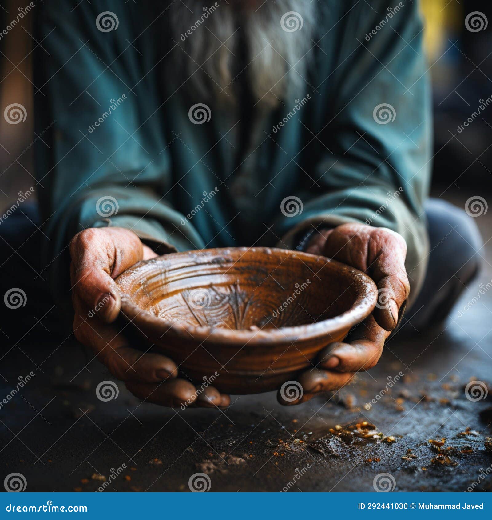 impoverished hands cradle empty bowl, selective focus underlining hungers reality