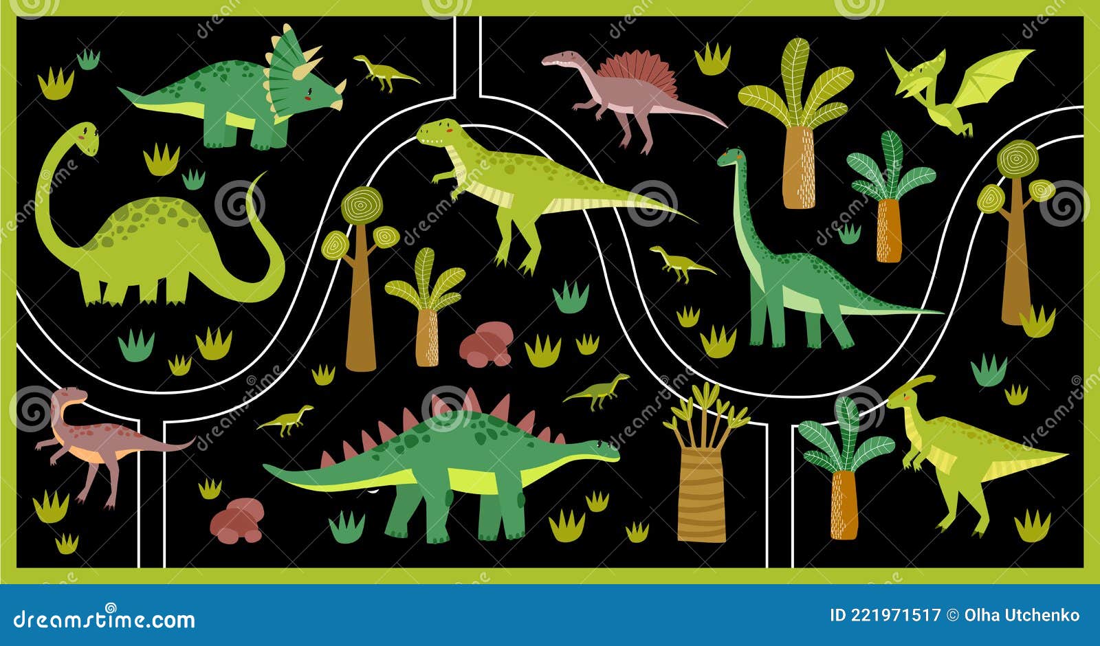 Impressão. Labirinto Tropical Vetorial Com Dinossauros Num Parque