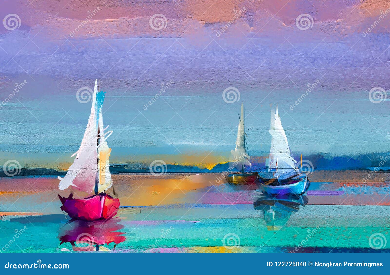impressionism image of seascape paintings with sunlight background. modern art oil paintings with boat, sail on sea.