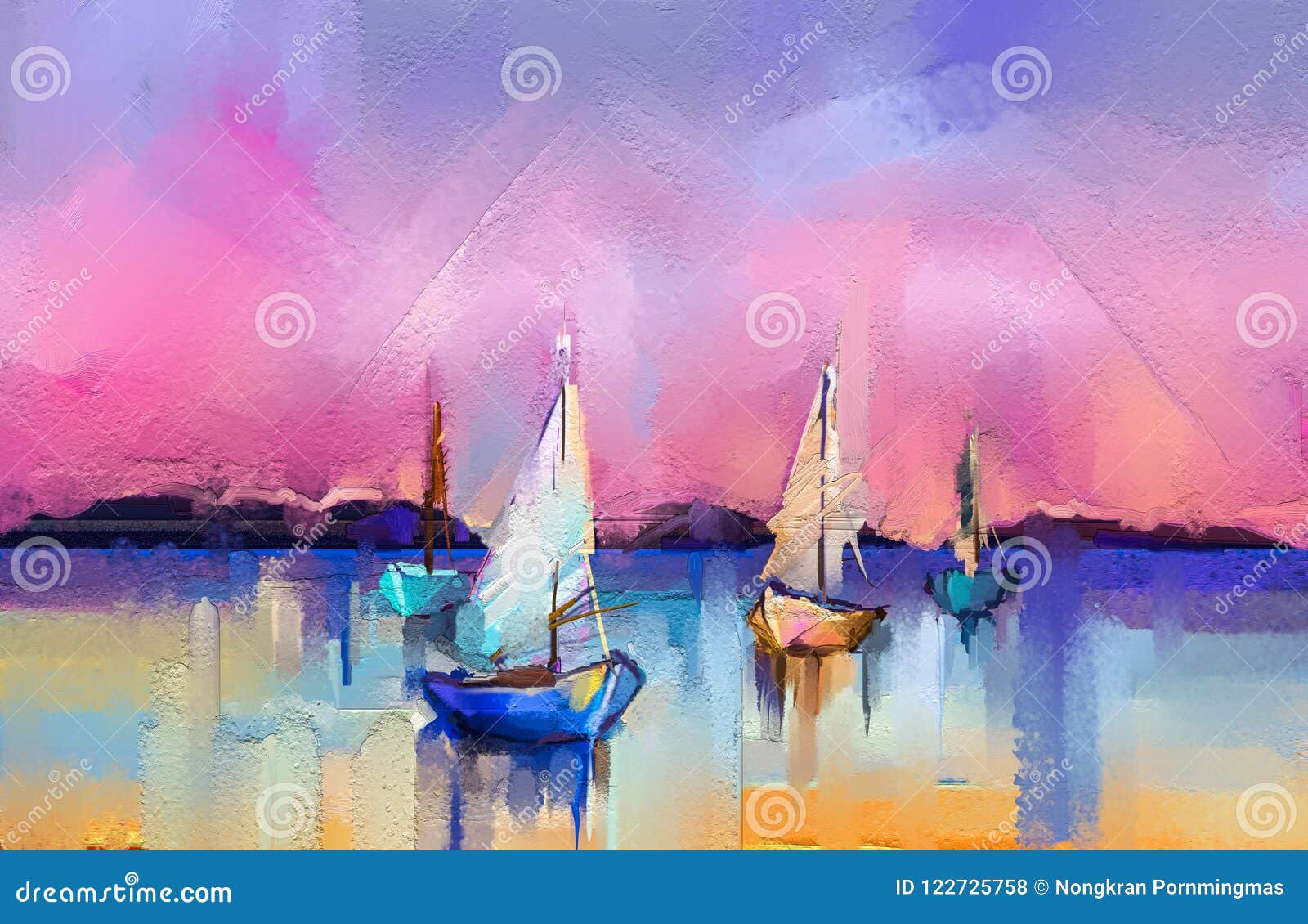 impressionism image of seascape paintings with sunlight background. modern art oil paintings with boat, sail on sea.