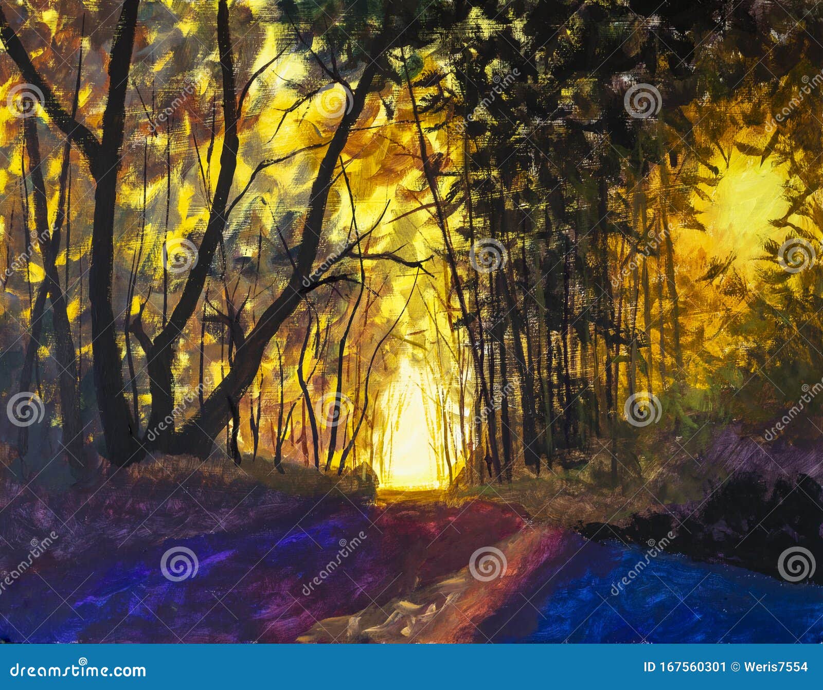 Painting Sunny Forest in Autumn Stock Image - Image of october, foliage ...
