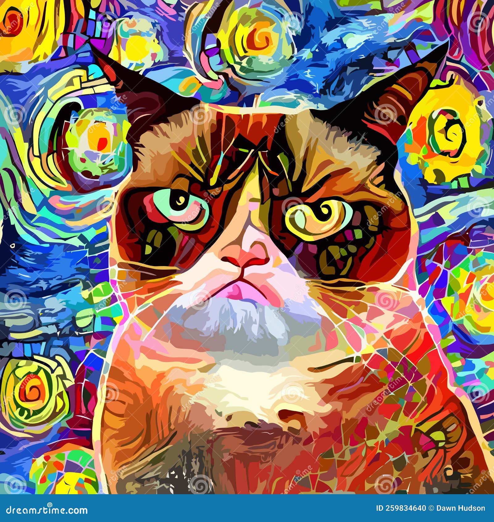 impressionist abstract style grumpy cat portrait