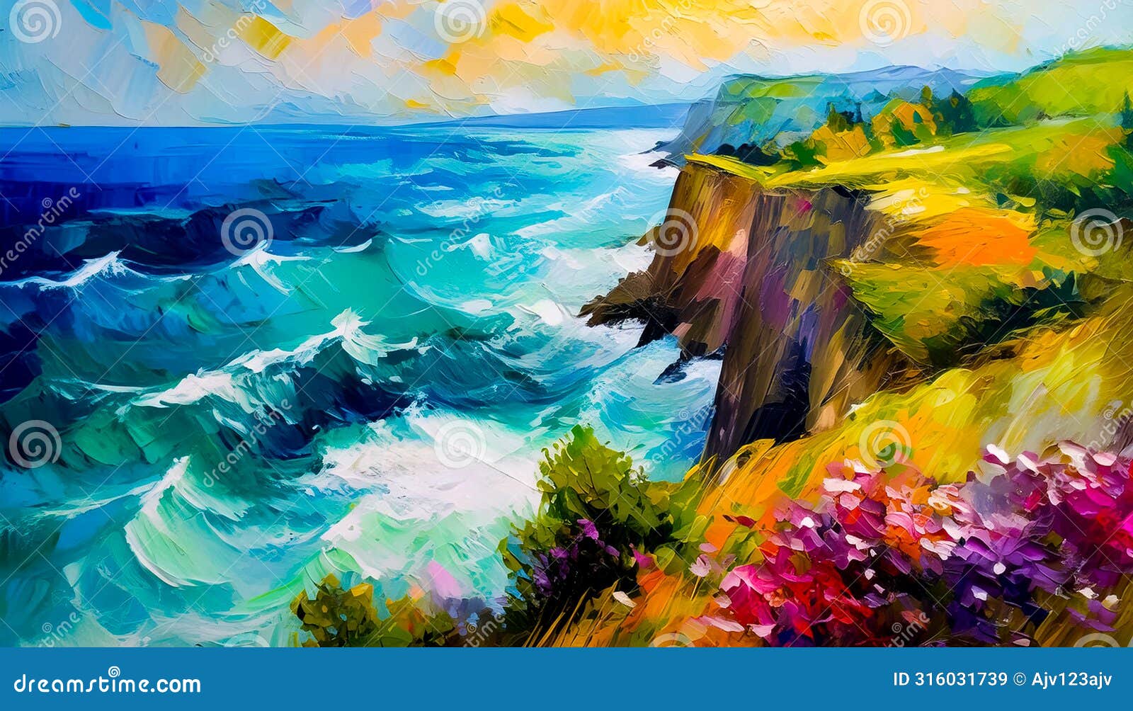 an impressionist oil painting style image of a seaside landscape