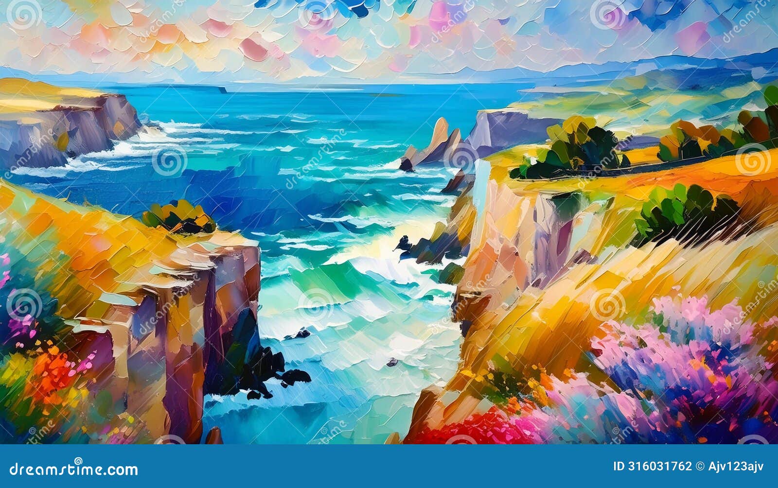 an impressionist oil painting style image of a seaside landscape
