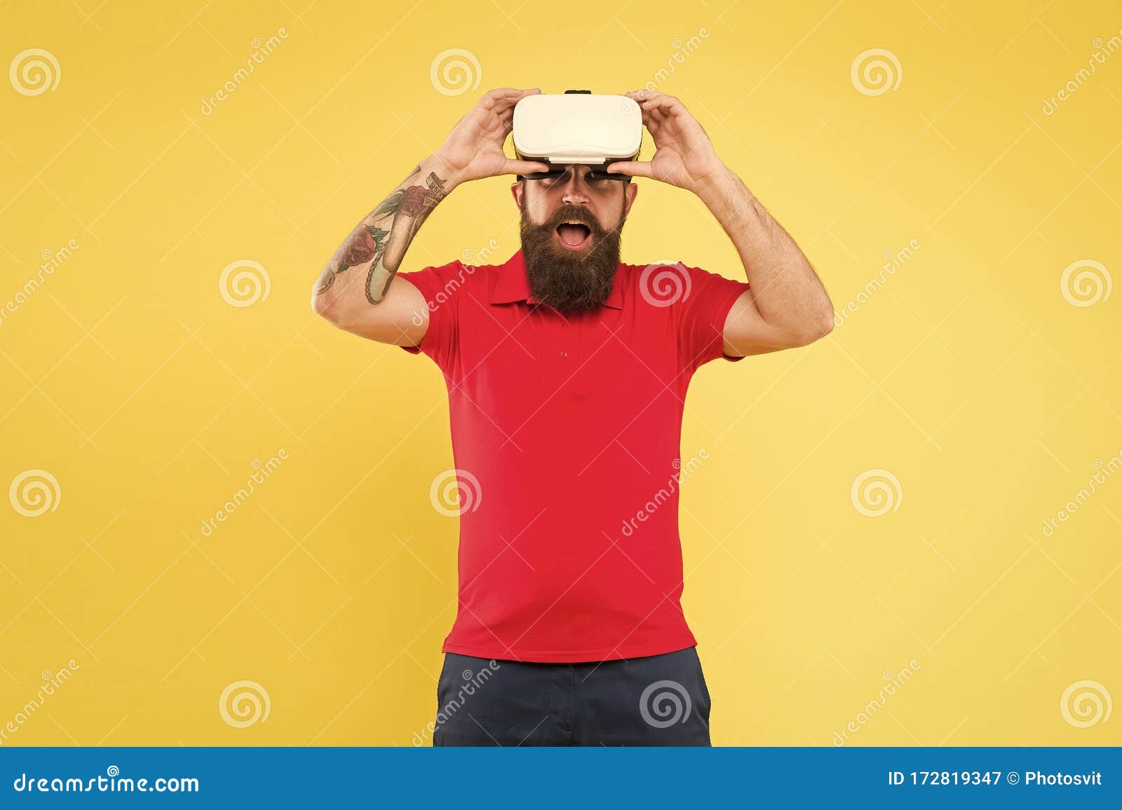 impressive experience. man play game in vr glasses. hipster with virtual reality headset. virtual communication concept