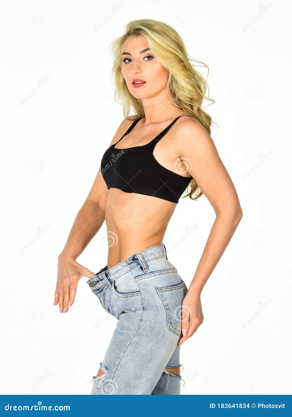 Impressive Result. Girl Shows Big Size of Her Pants and Slim Belly. Slim  Fit Woman Denim Pants Stock Photo - Image of burning, attractive: 183641834