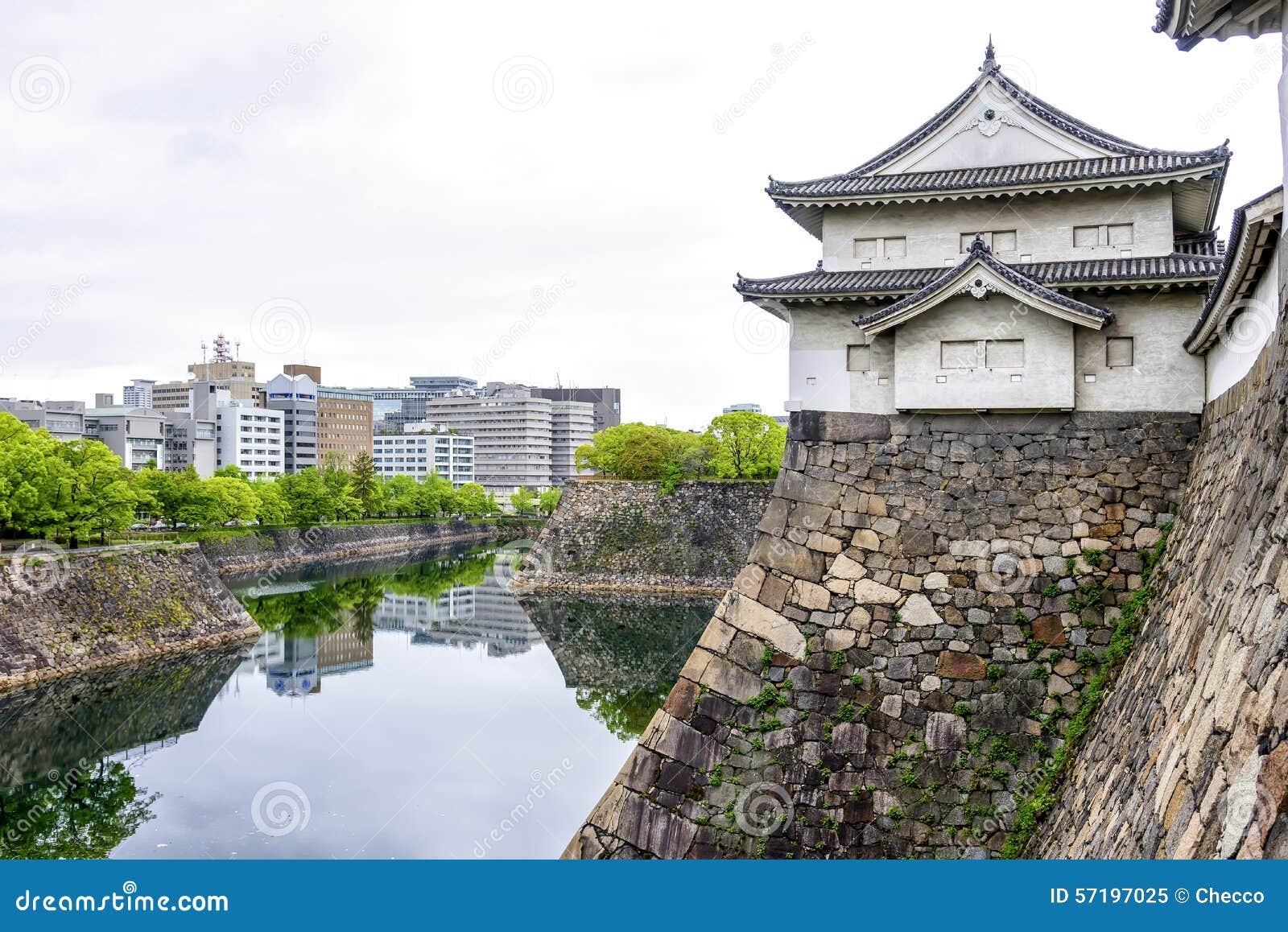 the impressive stone wall of osaka castle, japan