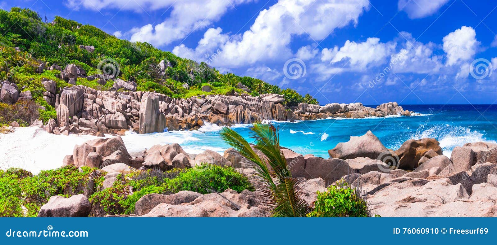 impressive wild rocky beach anse marron in seychelles. la digue