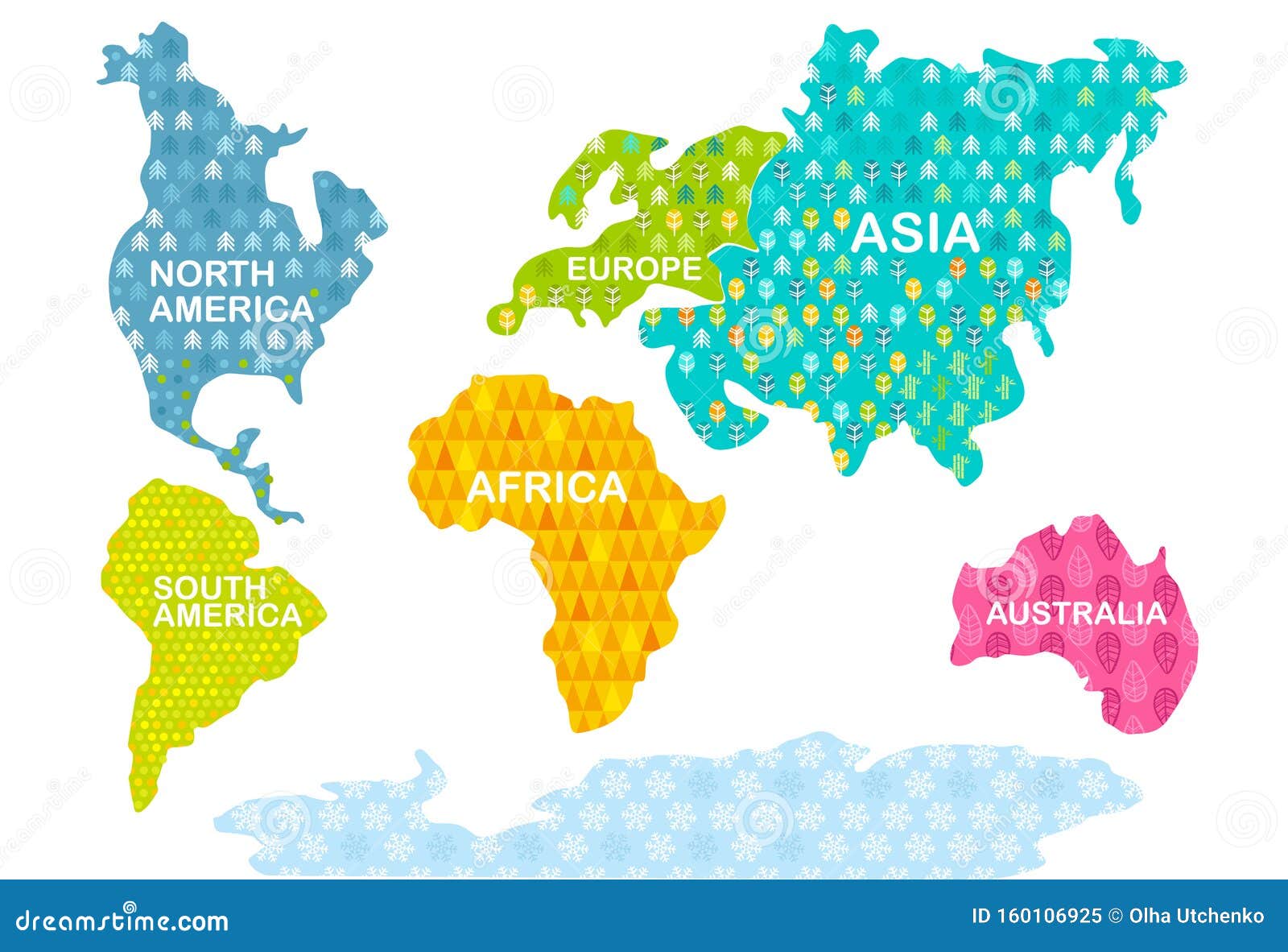 Imprimer Carte Du Monde Coloré Continents Avec Motifs Afrique, Amérique,  Asie, Europe, Australie, Antarctique Illustration de Vecteur - Illustration  du dessin, asie: 160106925