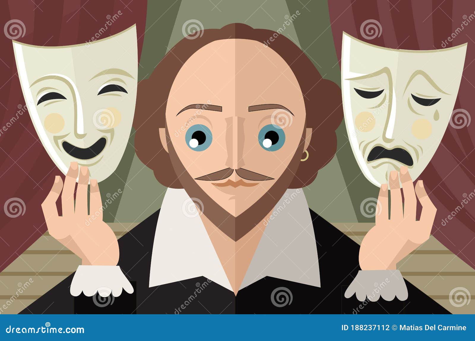 Great english playwright with theater masks on stage vector art illustration