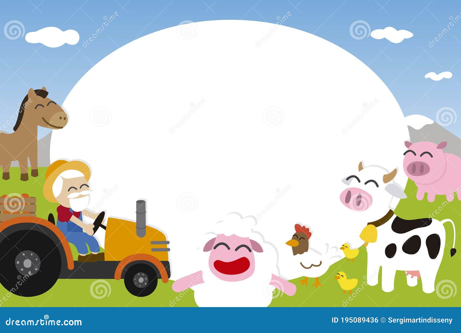 Photo Frame for Kids with Farmer and Farm Animals. Stock Vector