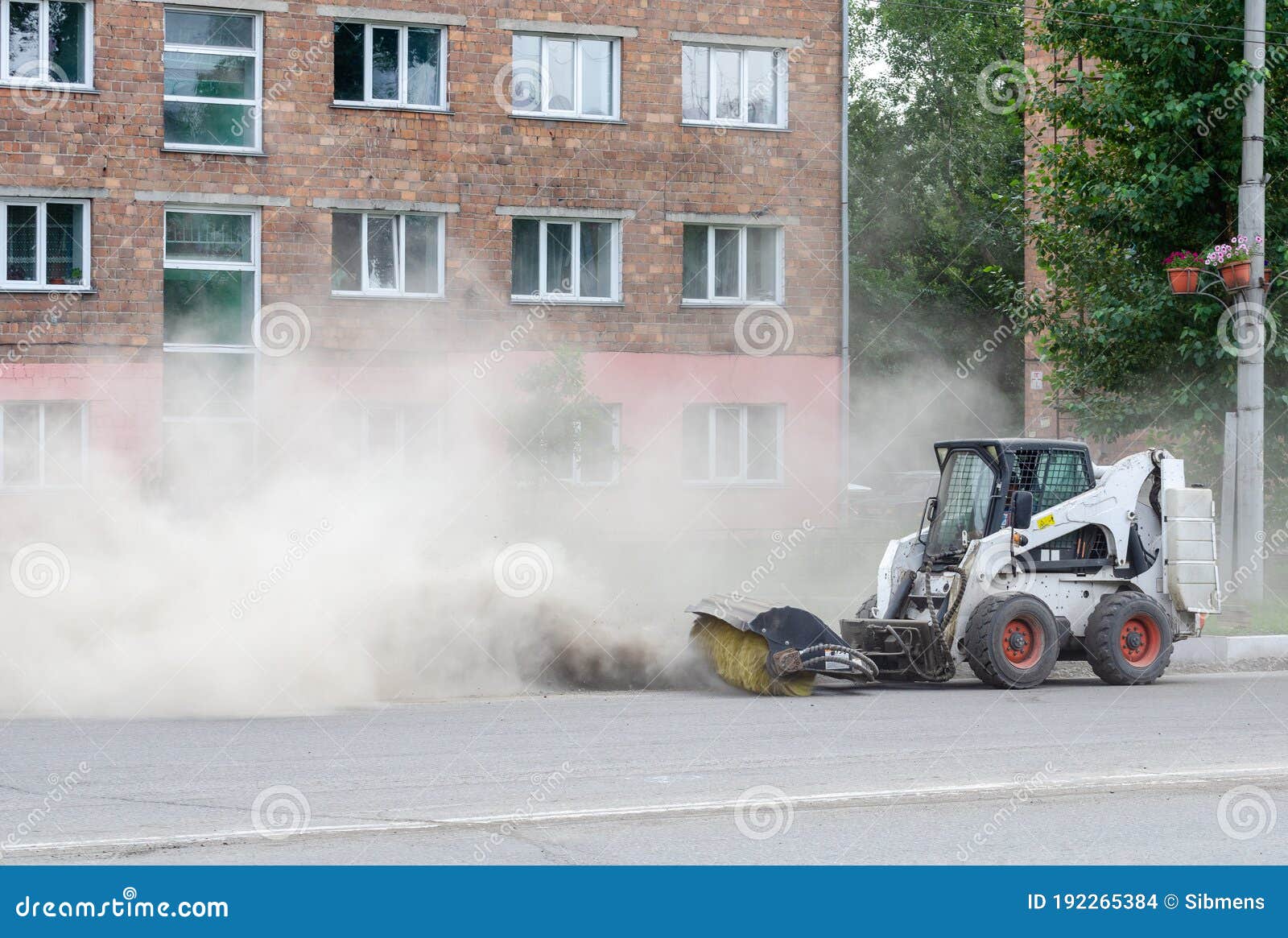 Improper Cleaning of the Road with a Special Machine. Very Dusty and