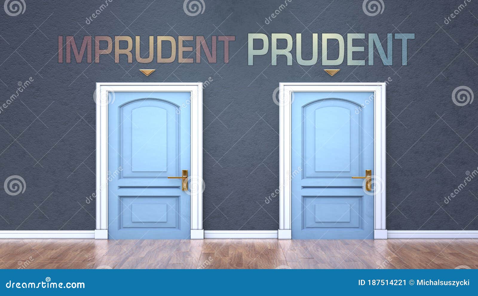imprudent and prudent as a choice - pictured as words imprudent, prudent on doors to show that imprudent and prudent are opposite