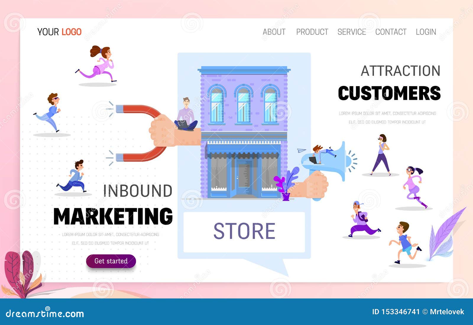 inbound marketing and customer acquisition, landing page template concept, with characters flat 