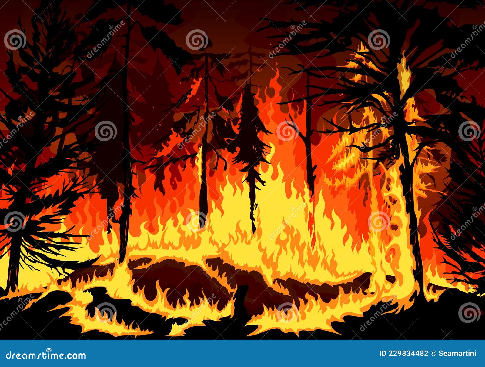 Queima de incêndio à noite, fogo na floresta, Vetor Grátis