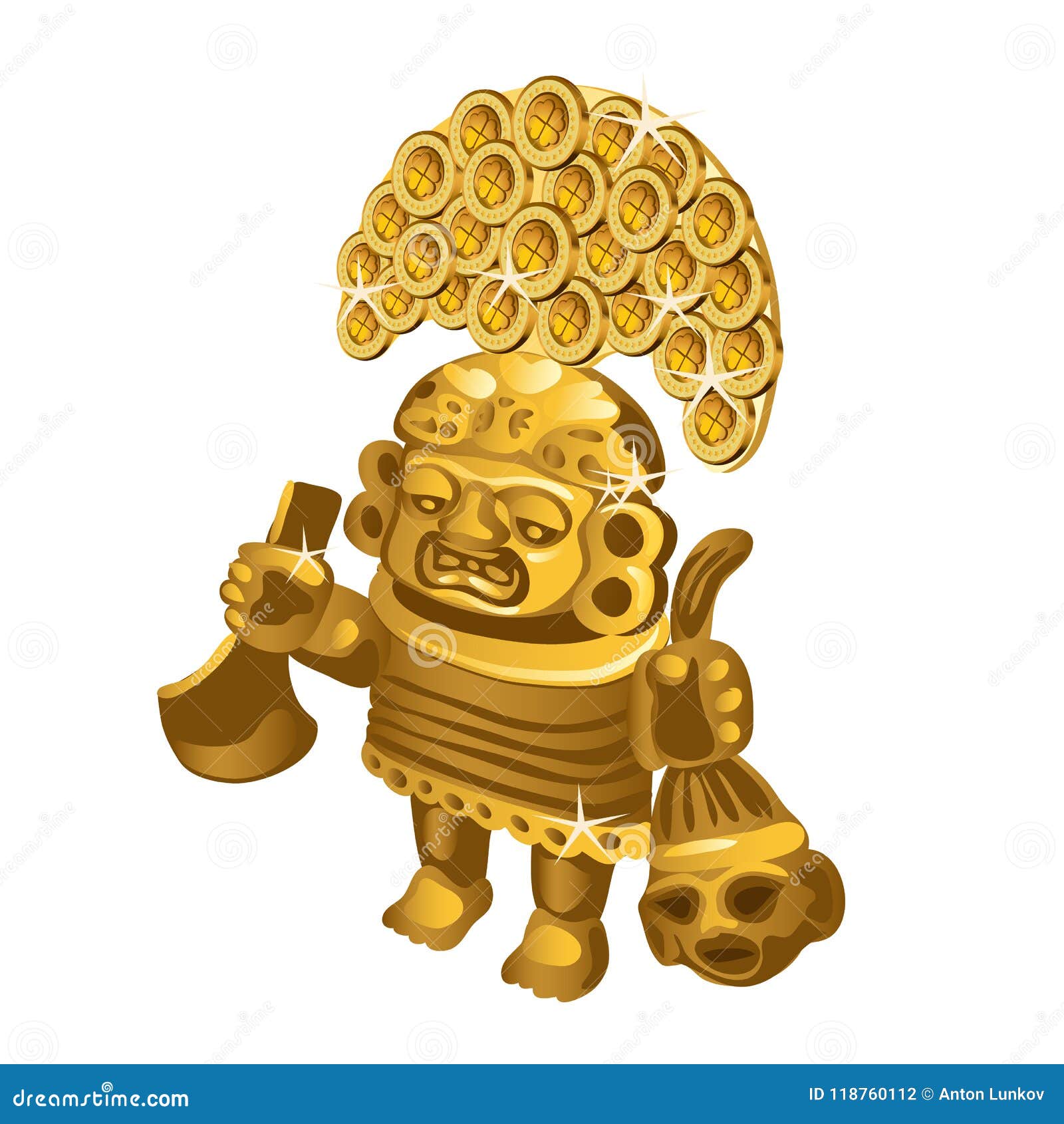 inca indian ritual figurine from gold, a  of sacrifice is on a white background.  .