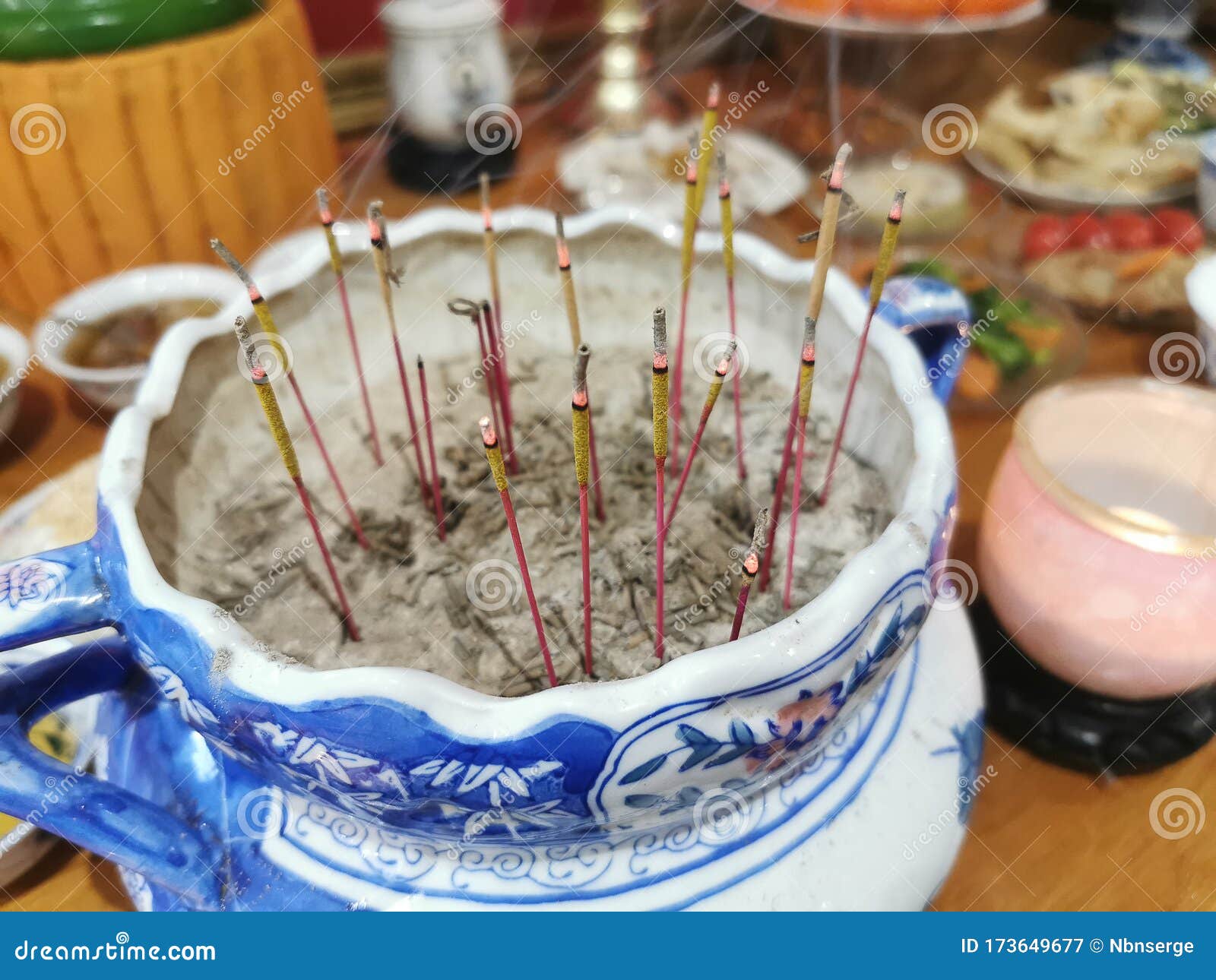 Incense Burner, Blue Ceramic Incensory with Smoke in a Pagoda, Selective Focus Stock Image