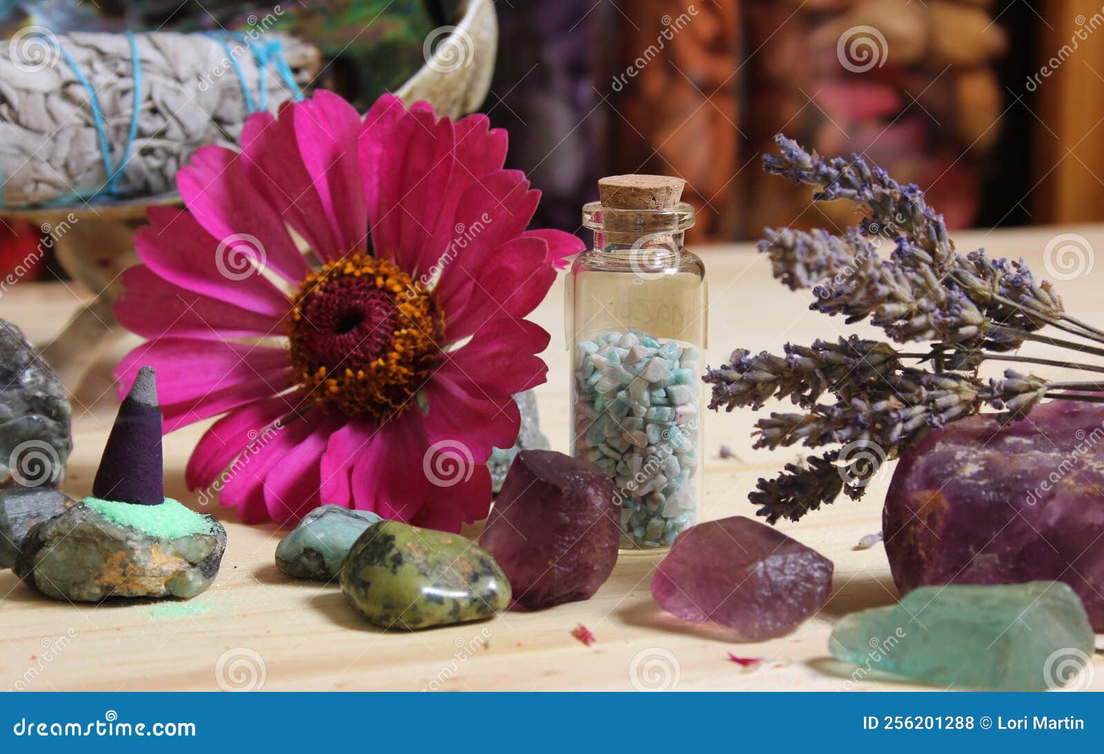 Incense Cone on Stone Slab with Crystals and Flowers Stock Photo