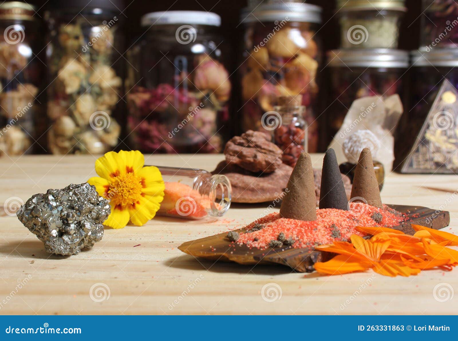 Incense Cones on Stone Slab with Crystals and Flowers Stock Image
