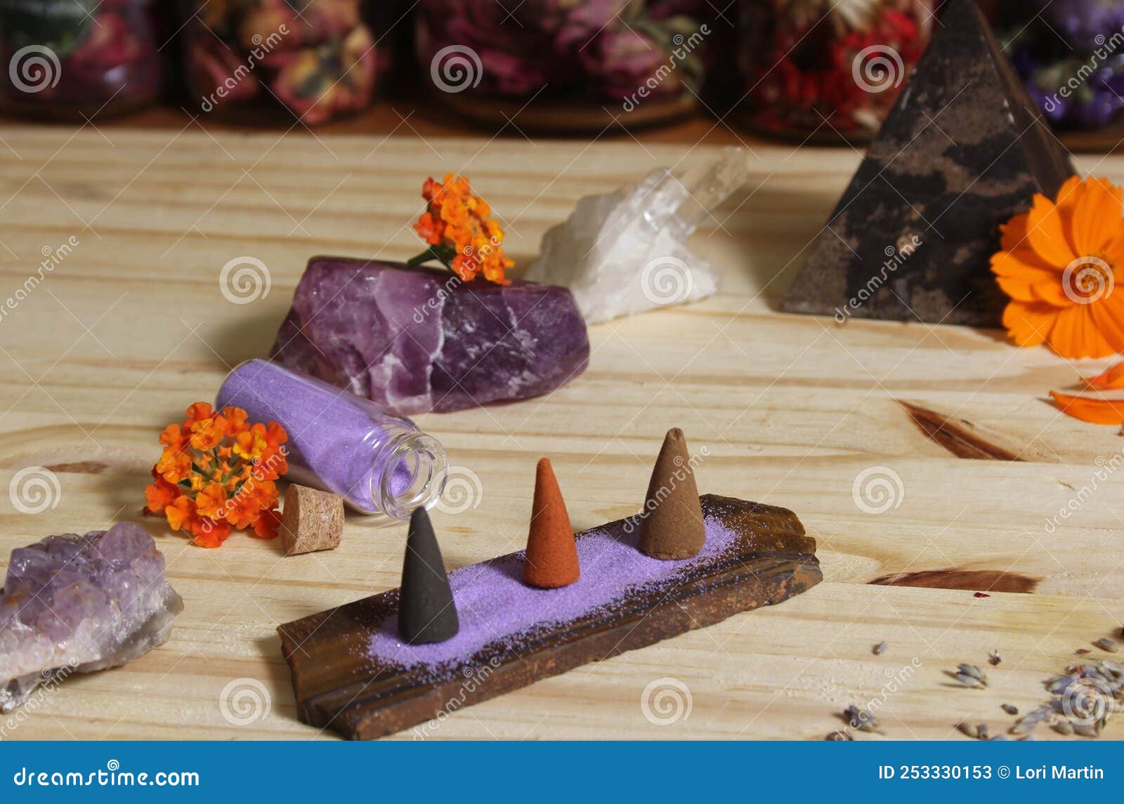 Incense Cones on Stone Slab with Crystals and Flowers Stock Image