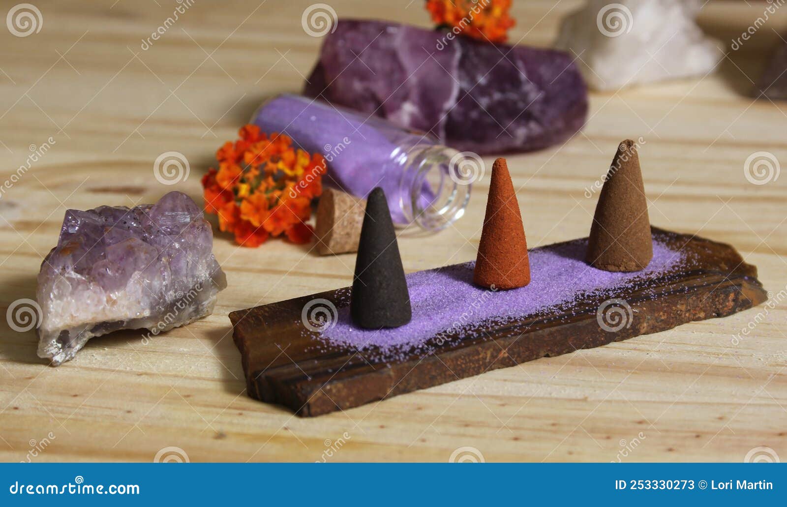 Incense Cones on Stone Slab with Crystals and Flowers Stock Image
