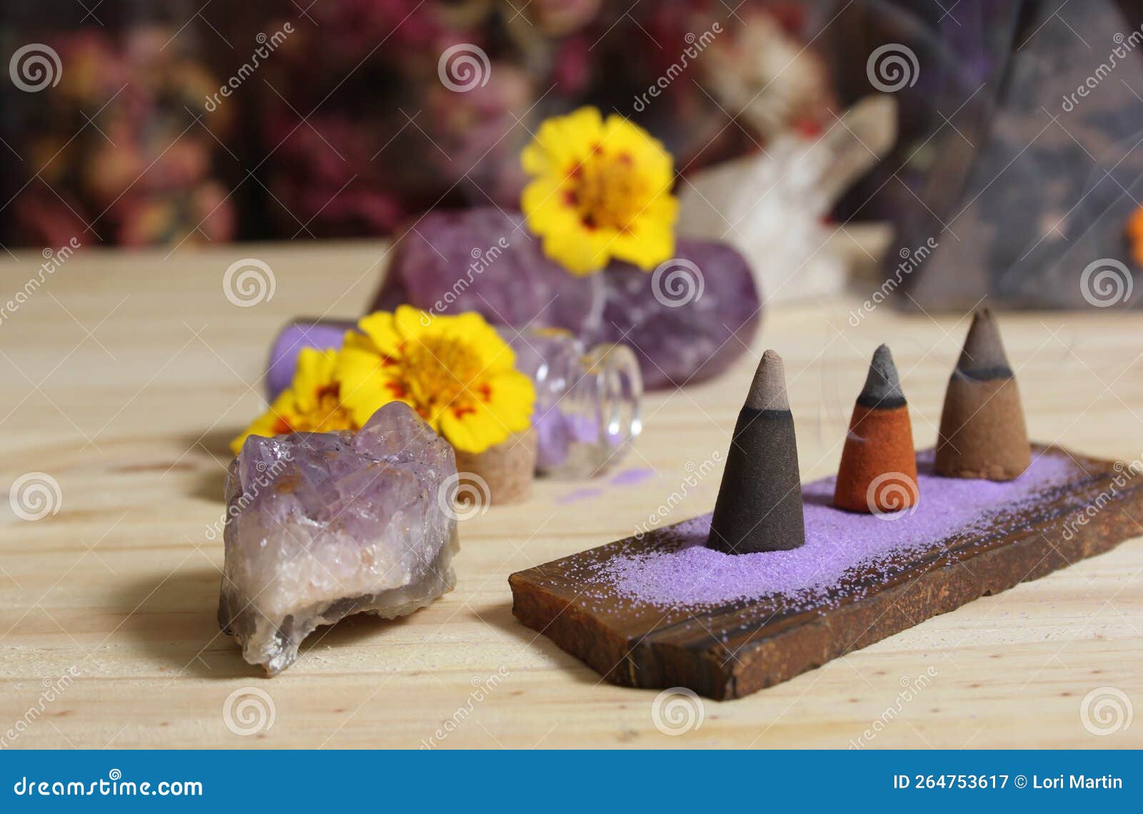 Incense Cones on Stone Slab with Crystals and Flowers Stock Image