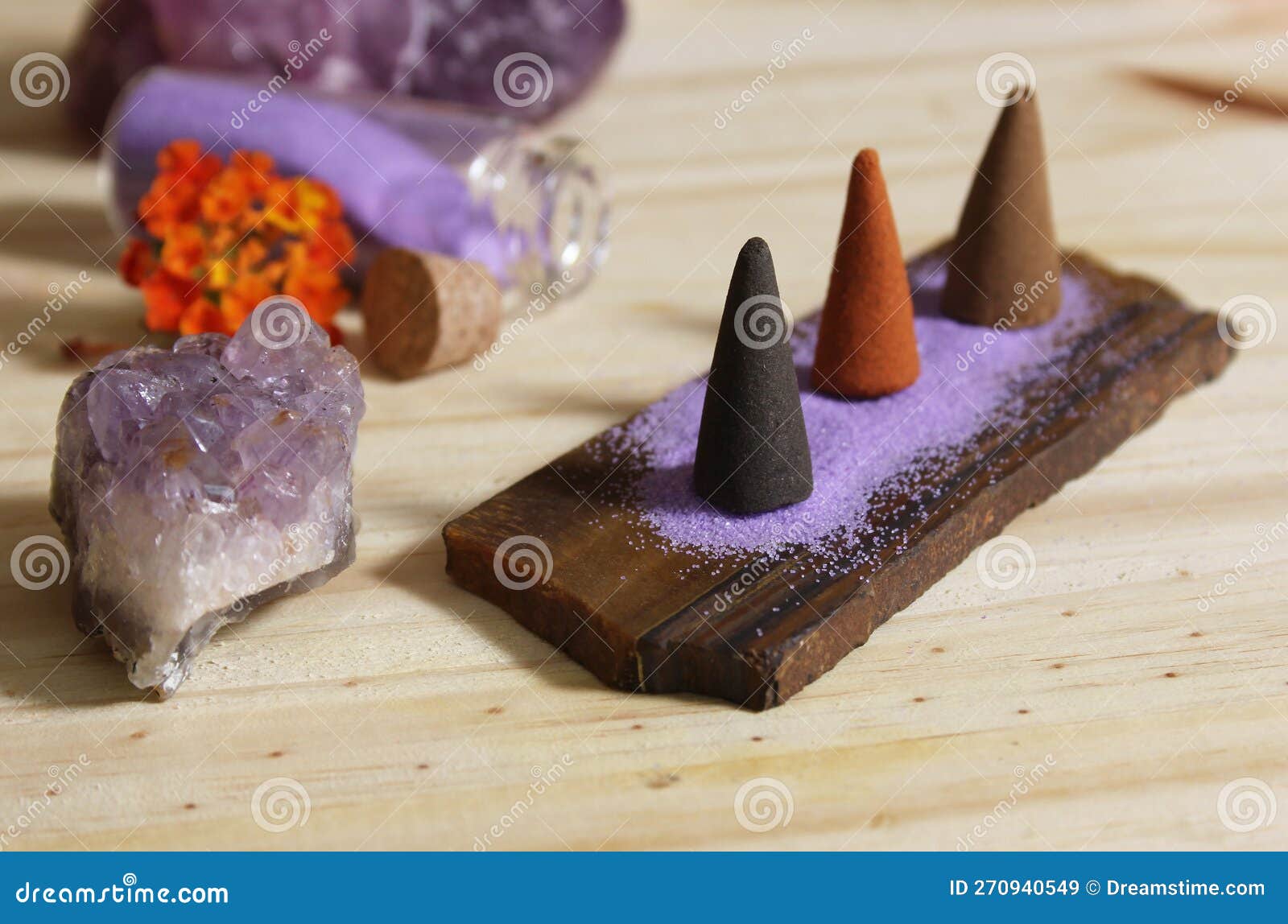 Incense Cones on Stone Slab with Crystals and Flowers Stock Image