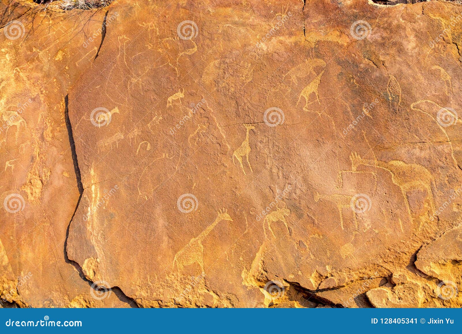 Incisioni antiche della roccia. Le incisioni antiche d'inclusione storiche della roccia dai cacciatori raccoglitori & dai mandriani khoikhoi in Twyfelfontein, Namibia