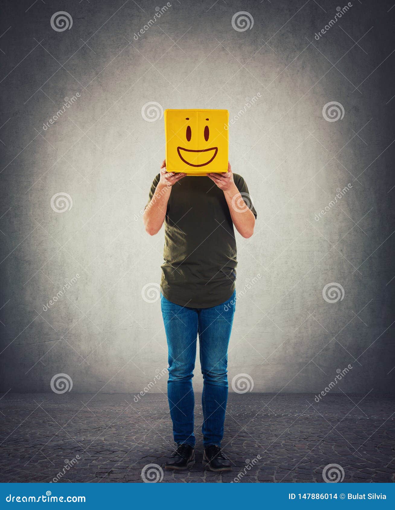 Incognito Person Holding a Yellow Box instead Head. Introvert