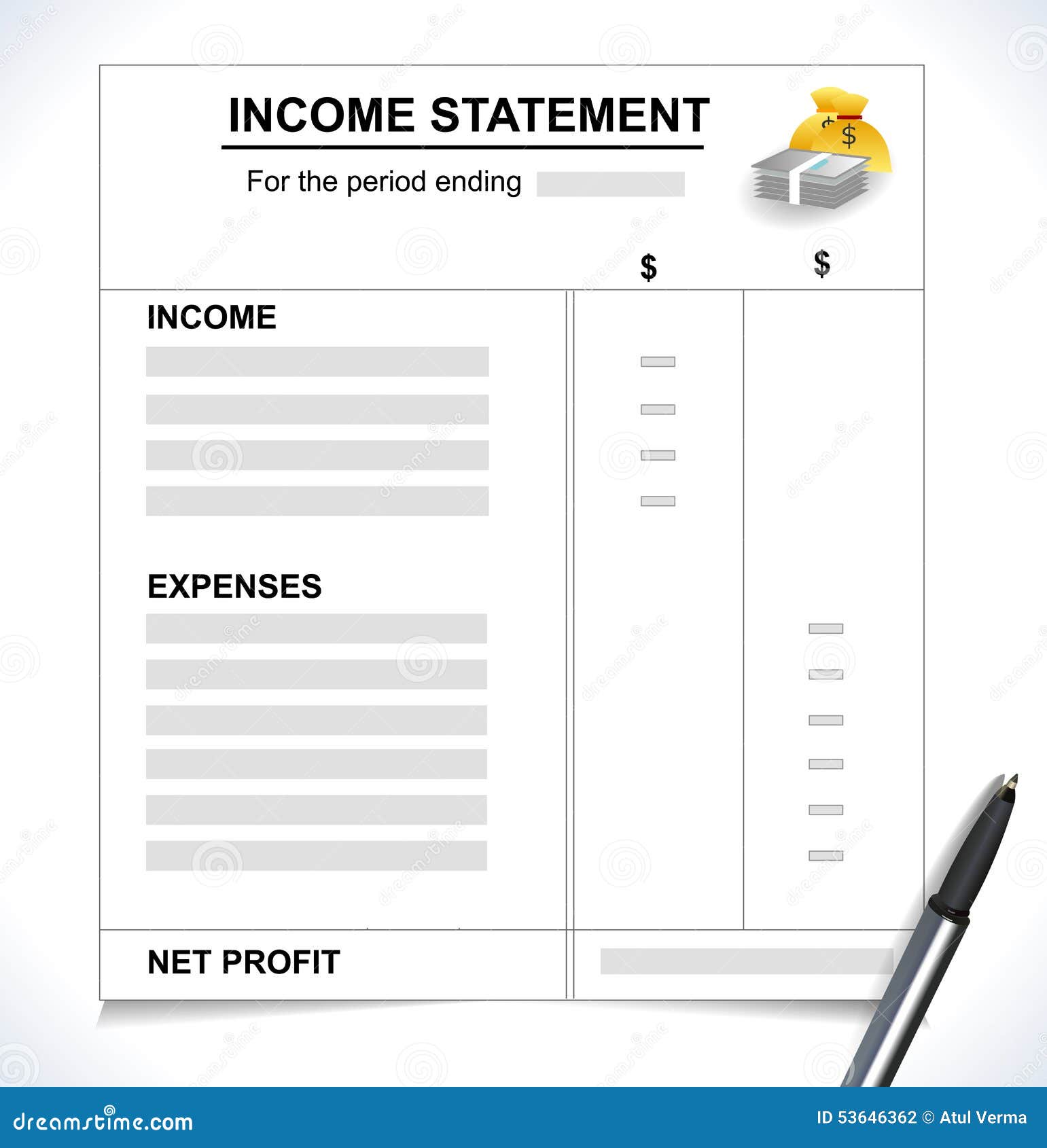 income statement, tax return concept with pen and money icons