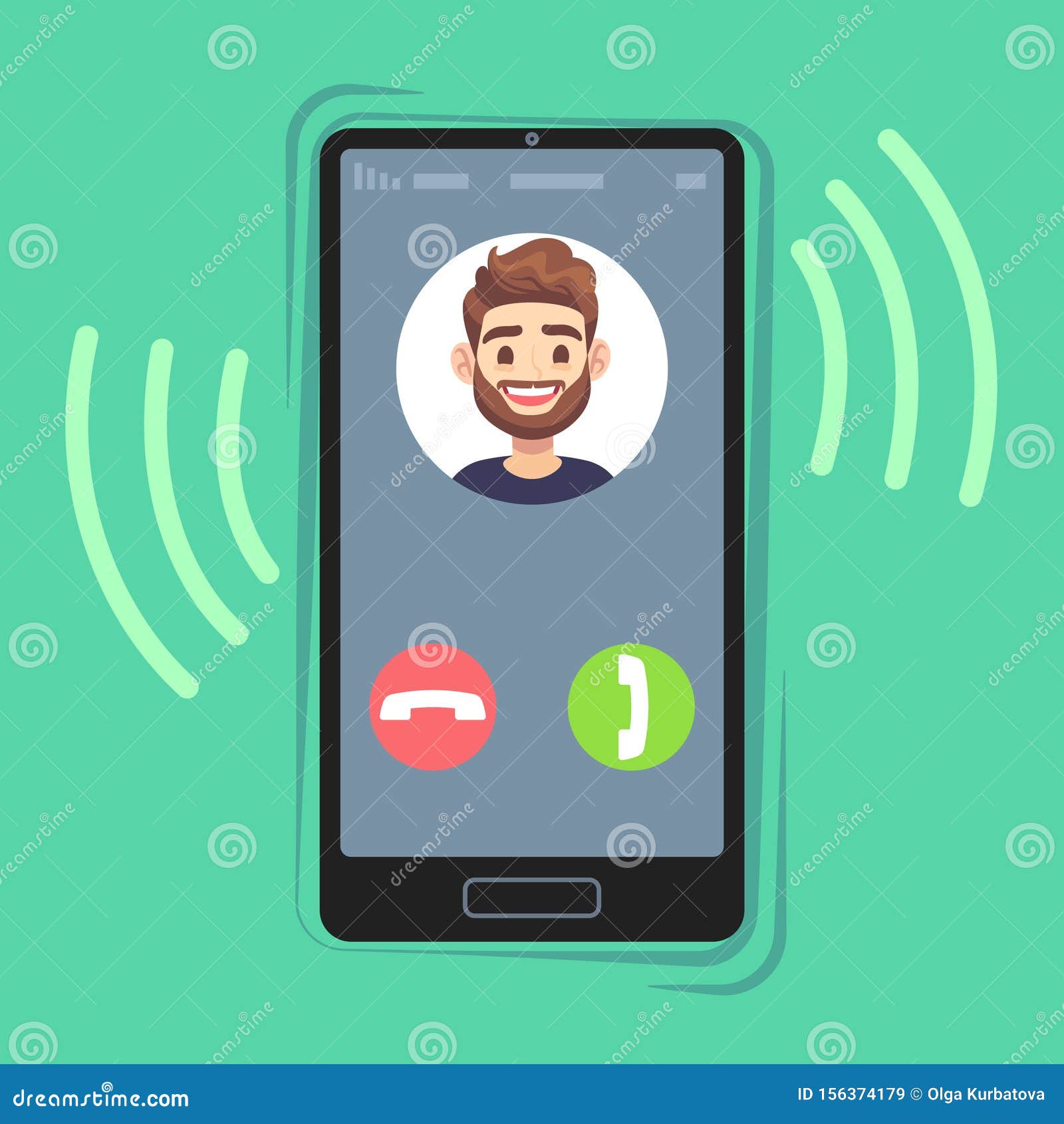 incoming call on mobile phone. friend photo on ringing phones screen. calling display with contact info and buttons