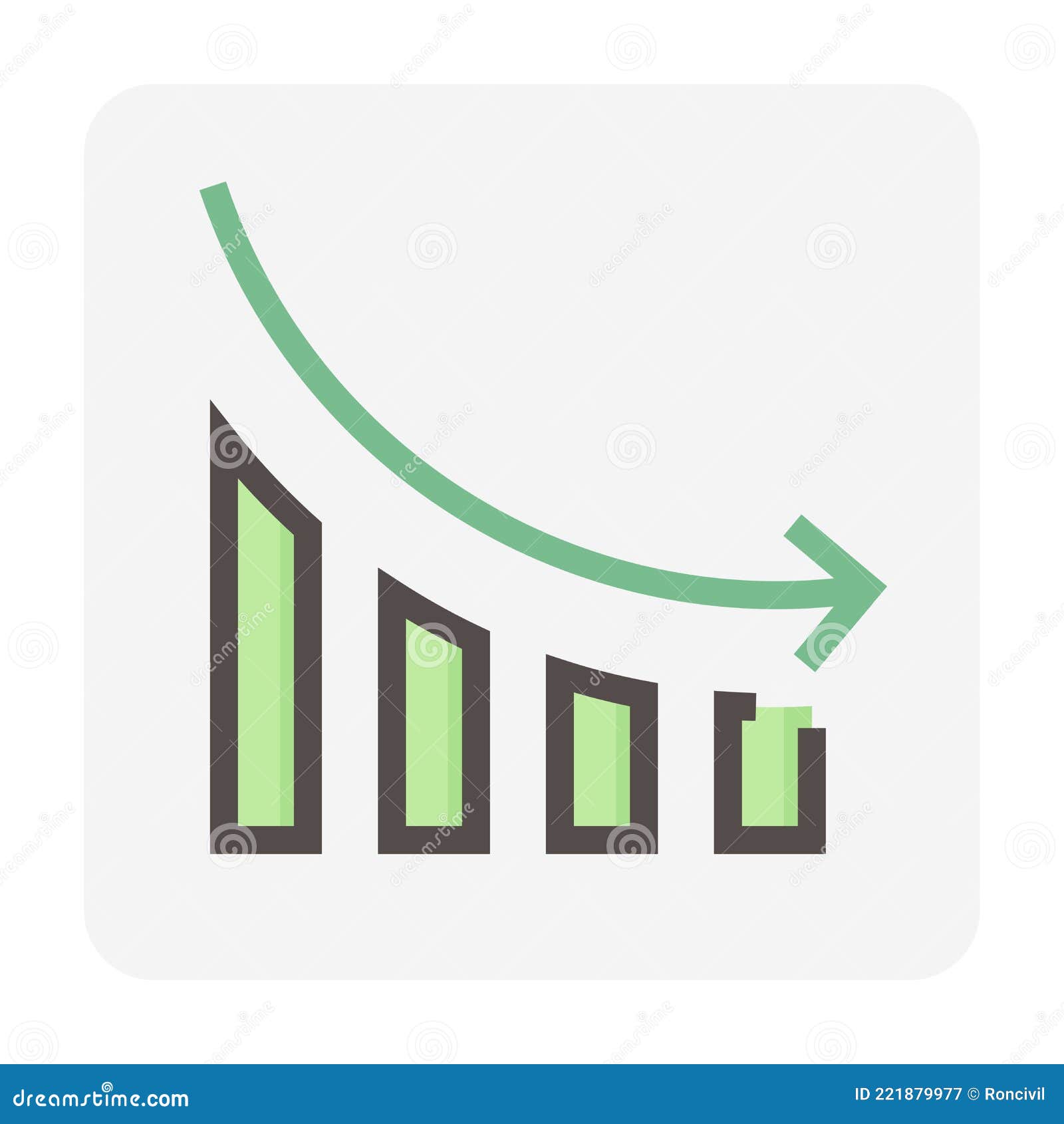 bar chart or bar graph decreasing  icon with drop down arrow. 48x48 pixel perfect and editable stroke