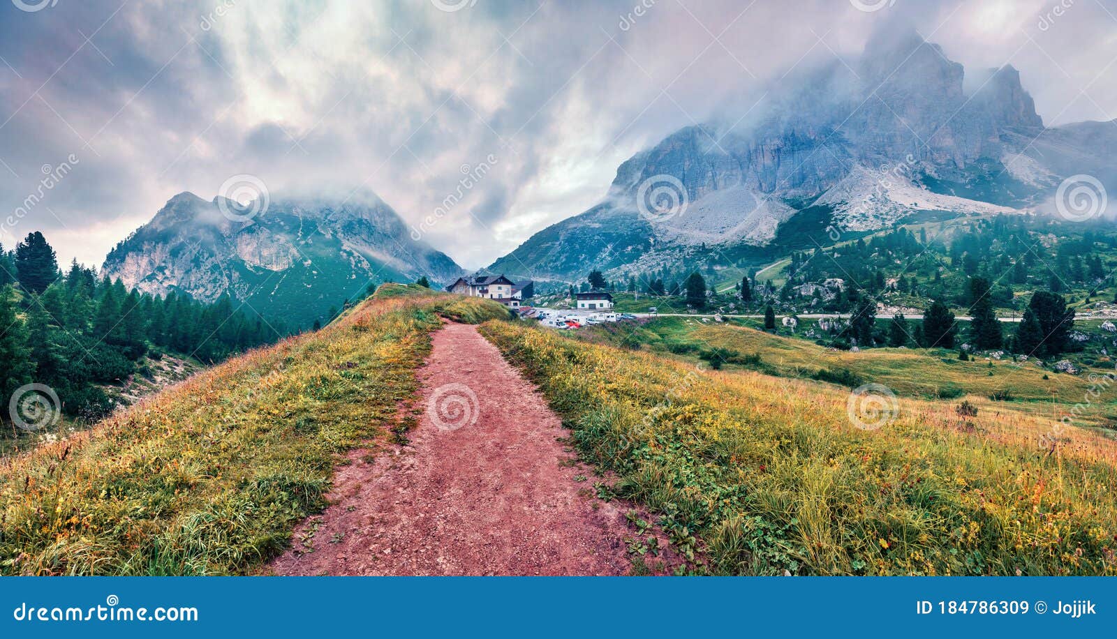 incredible morning view of sass de stria peak. stunning summer scene of dolomiti alps, cortina d`ampezzo, falzarego pass, italy,