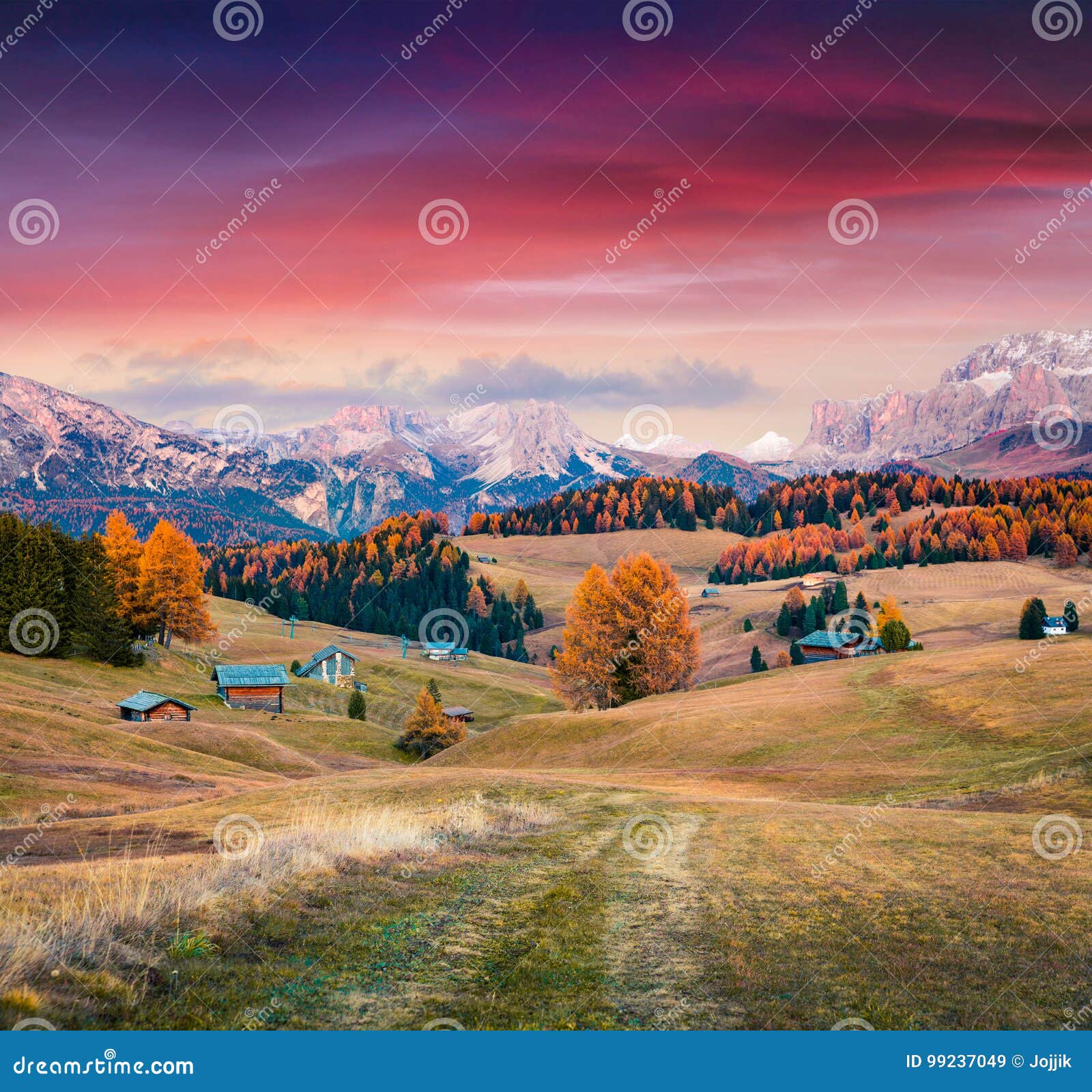 Amazing Autumn Scenery Of Alpe Di Siusi At Sunrise 