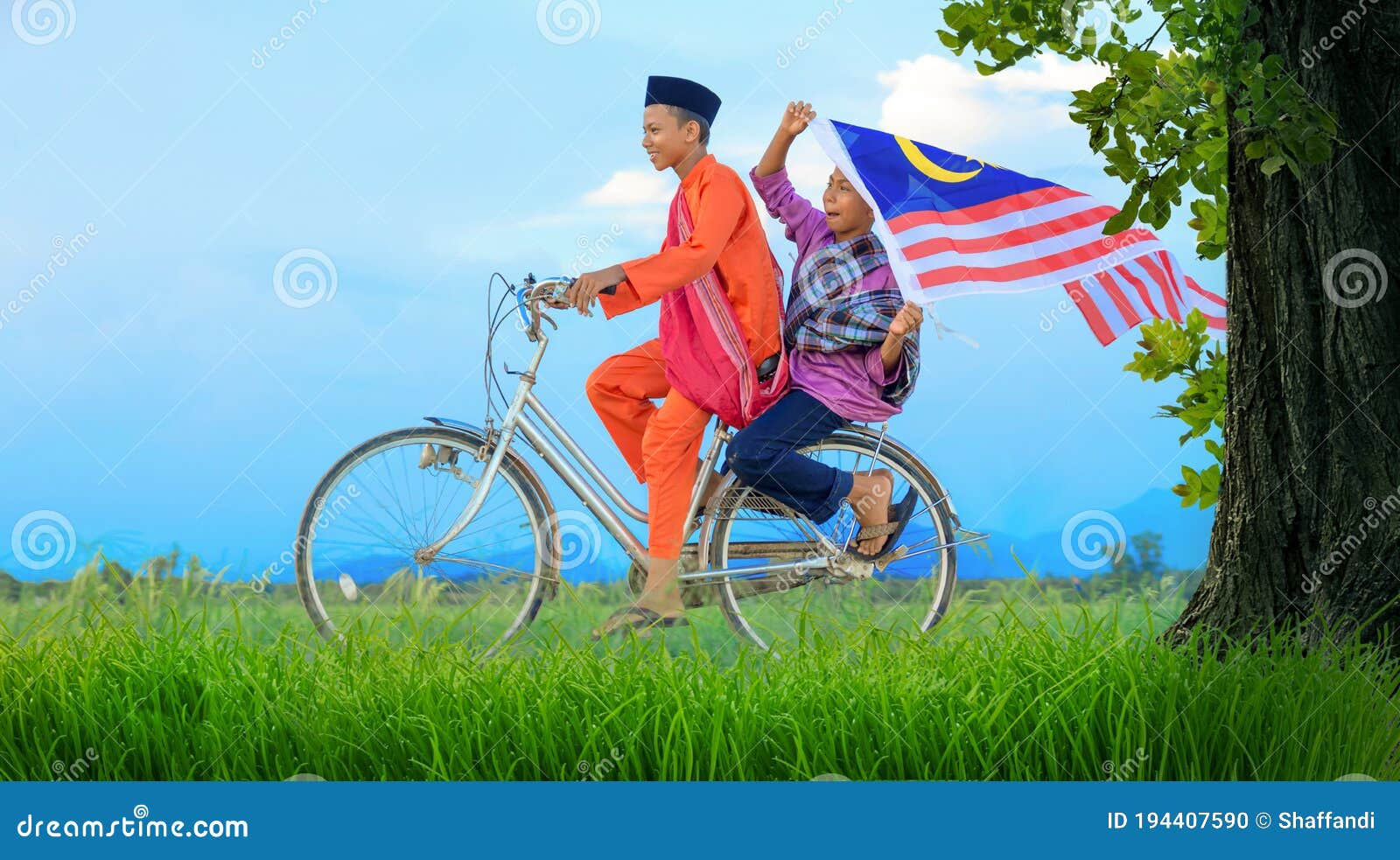 independence day concept - happy young local boy riding old bicycle at paddy field holding a malaysian flag