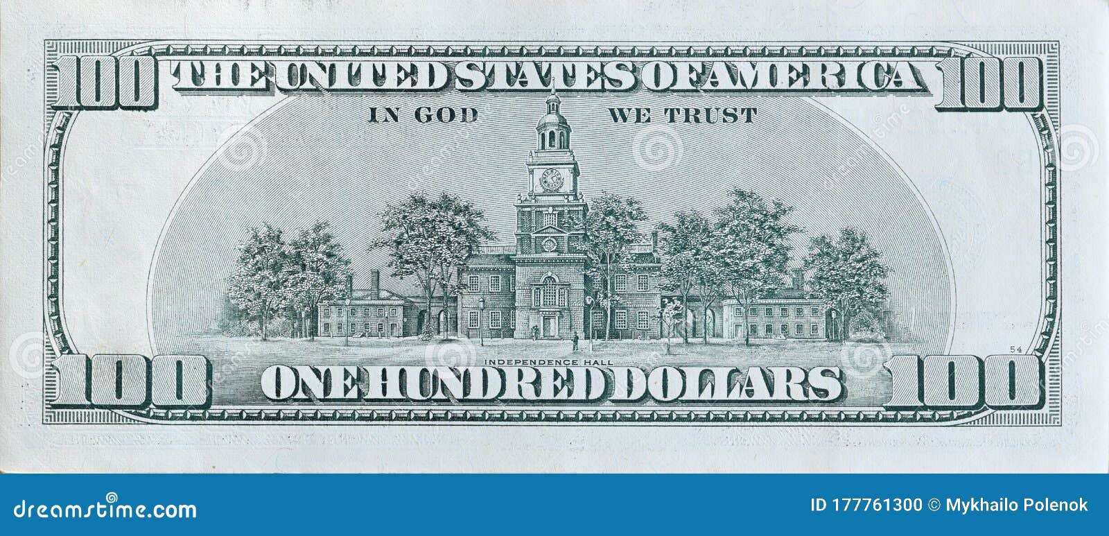 independence hall on 100 dollars banknote back side closeup macro fragment. united states hundred dollars money bill