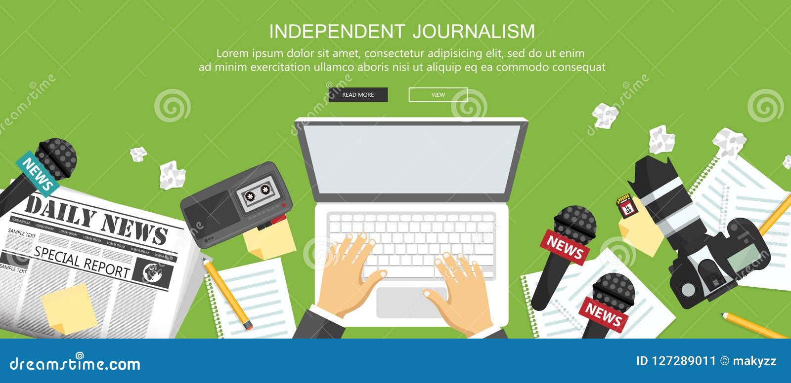 independent journalism flat banner. equipment for journalist on desk. flat 