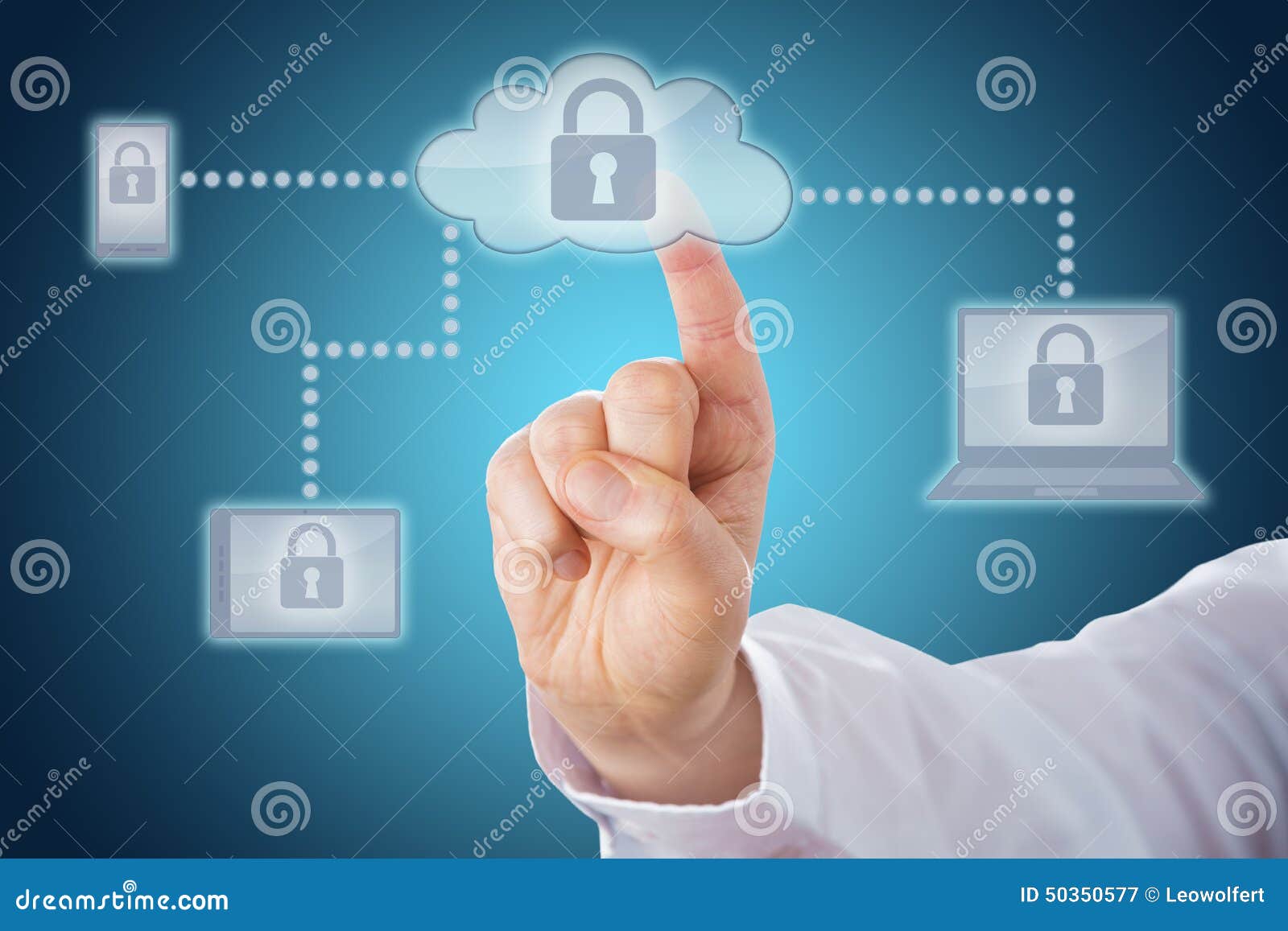 Index Finger Touching Lock Icon in Cloud Network Stock Image Image of