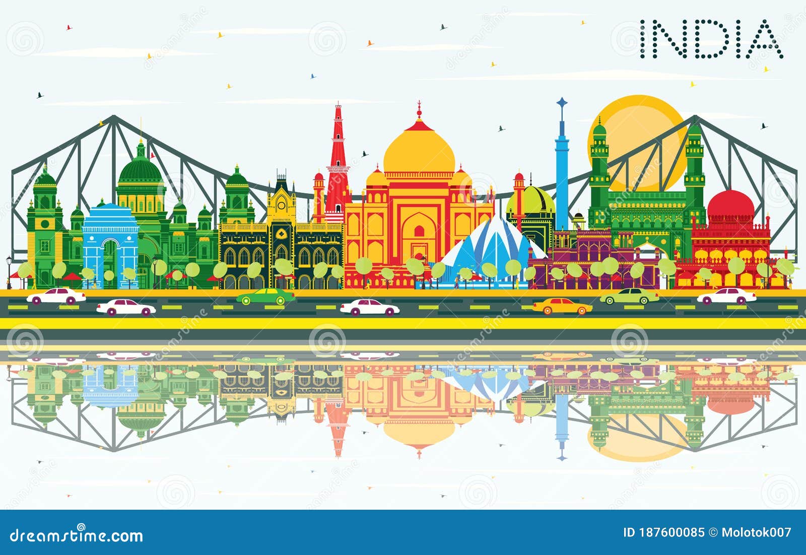 India City Skyline with Color Buildings, Blue Sky and Reflections Stock