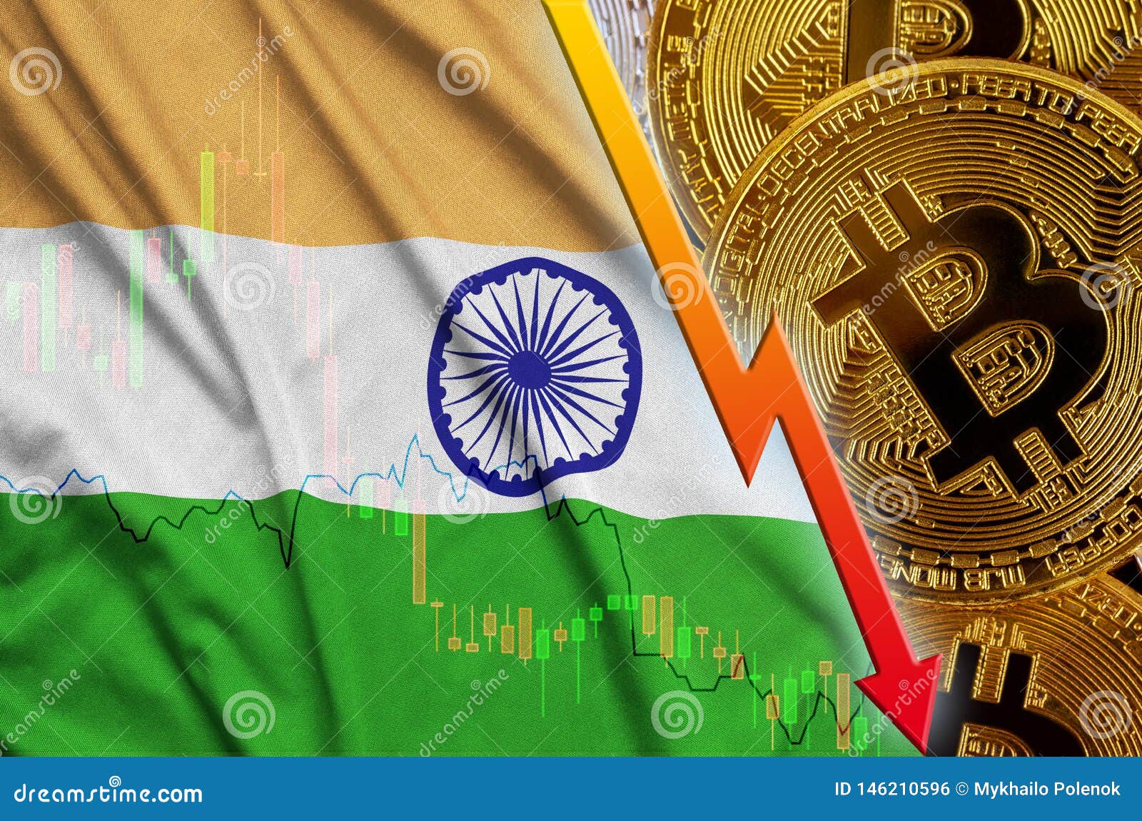 India Flag And Cryptocurrency Falling Trend With Many ...