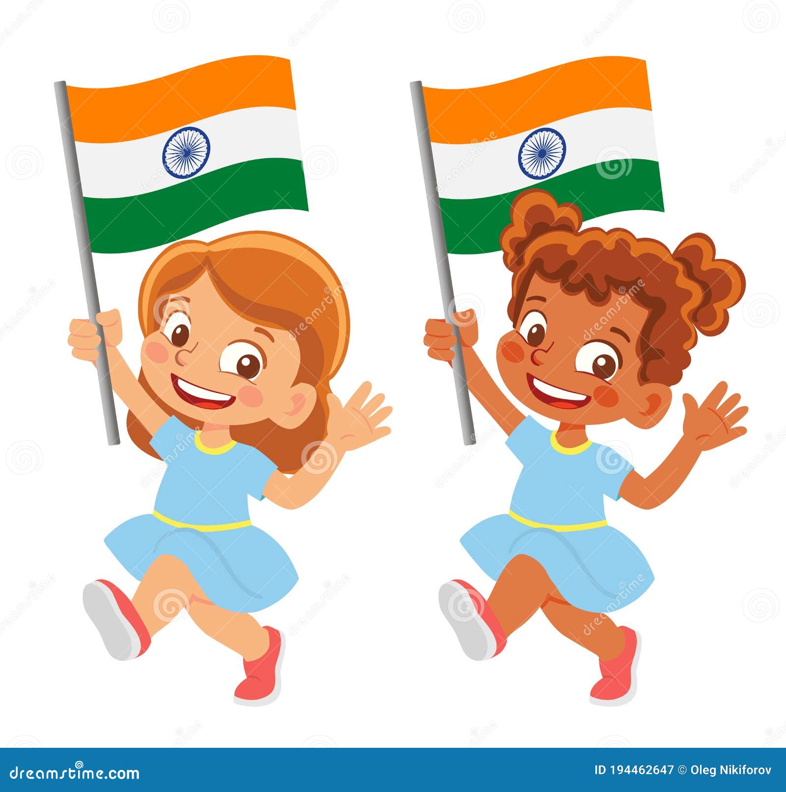Indian Girl Waving Flag Of India Cartoon Vector