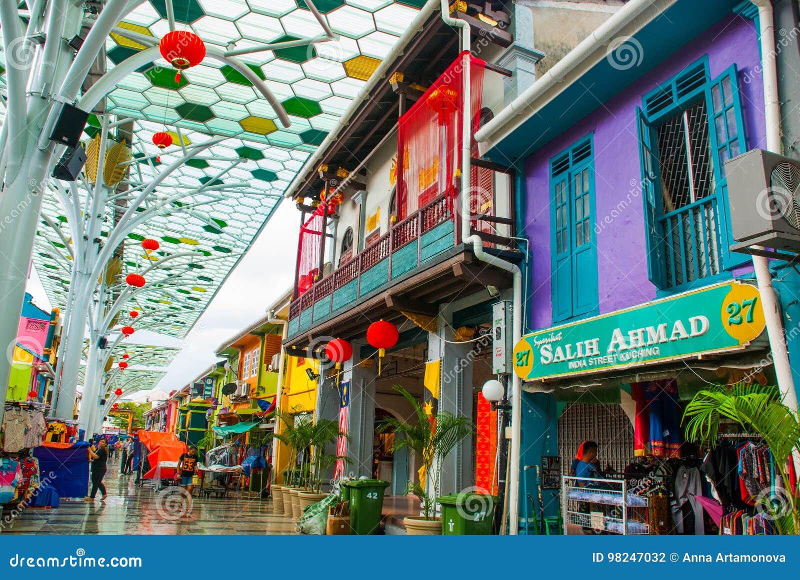 India Street, Market in Kuching. Multi-colored Building. Sarawak Borneo