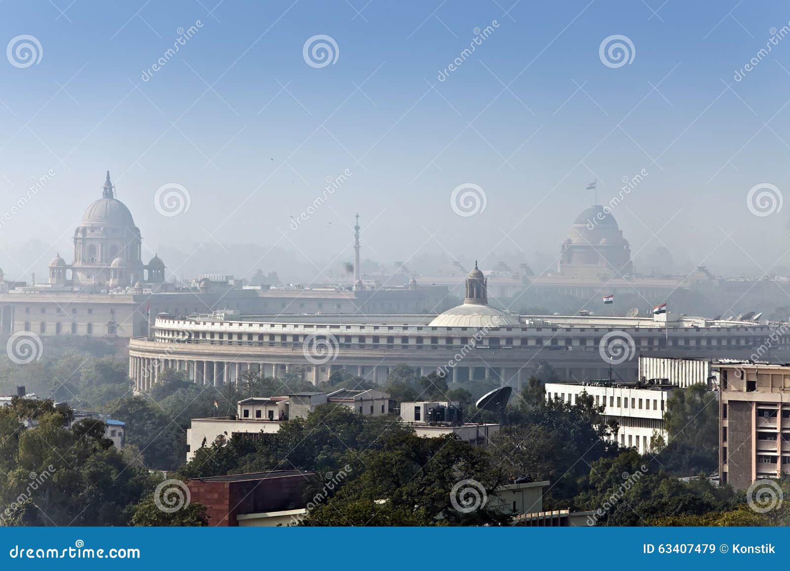 india. a view of delhi in morning fog