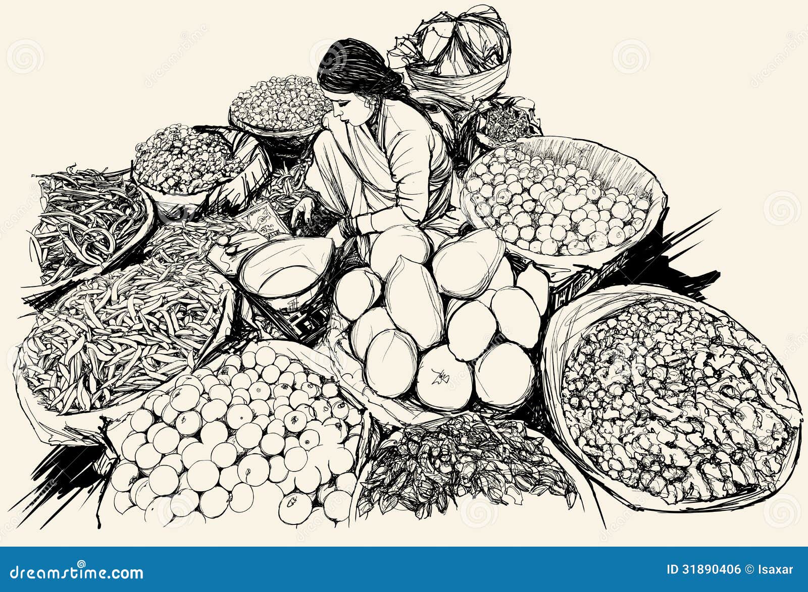 India Woman Selling Fruit And Vegetable In A Market Stock Illustration -  Download Image Now - iStock