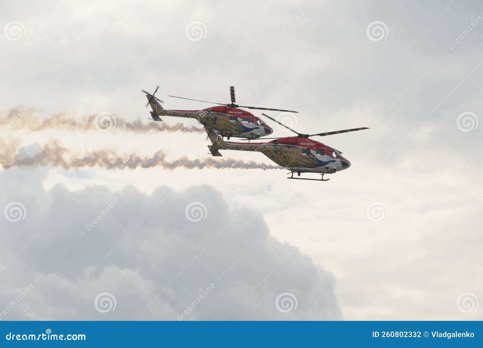 indian air force sarang aerobatic team on alh multi-purpose helicopters in the sky of the maks-2021 international aviation and spa